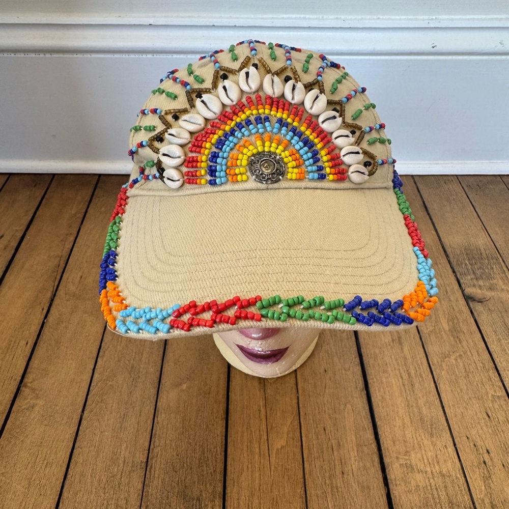 Boho Rainbow Sun Beaded Shell Beach Baseball Hat - Picture 6 of 9